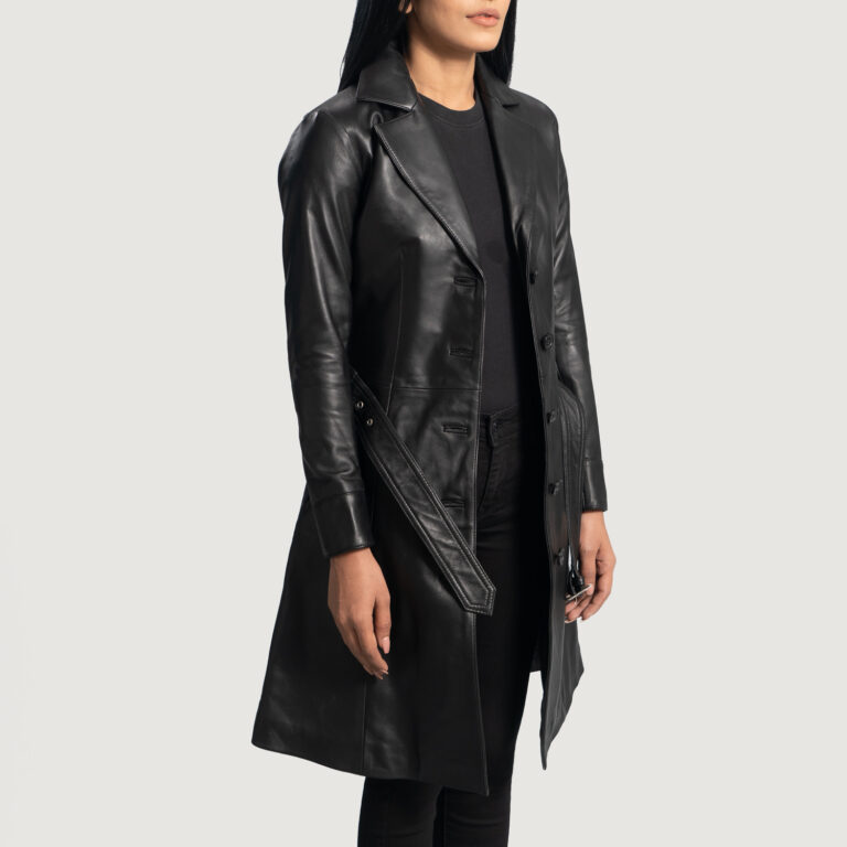 Womens Moonlight Black Leather Trench Coat Side Pose-3-1664358217933